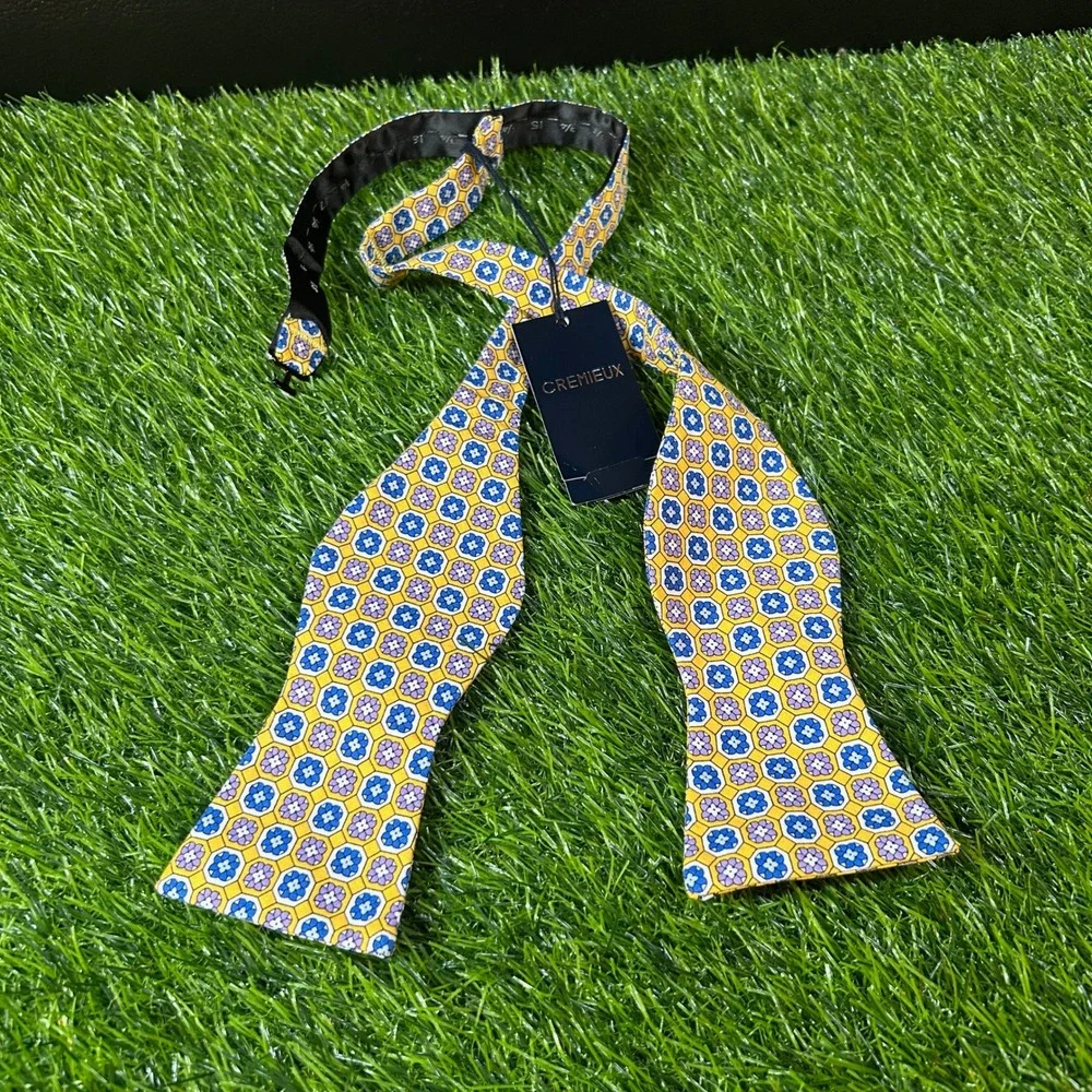 Cremieux Bow Tie Floral Pattern Self Tie Yellow Blue Purple‎ Cotton Mens NWT